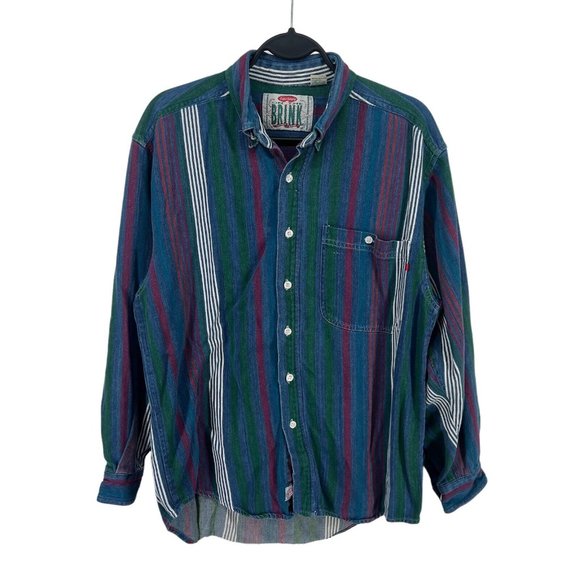 Vintage Other - Vintage 90S Printed Stripe Denim Long Sleeve Button Up Shirt Blue Men's Small